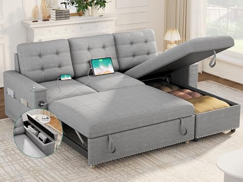 YITAHOMEPull Out Couch, L-Shaped Sleeper Sofa Bed Convertible Sofa Couch with Storage with USB and Type C Charging Ports for Living Room Office Home, Grey