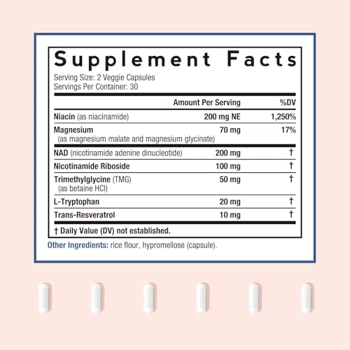 Doctor's Recipes NAD Supplement, Nicotinamide Riboside, Resveratrol, NMN Alternative for Anti-Aging, w/Magnesium Glycinate & L-Tryptophan, 650mg Per Serving, Energy & Mood Boost, 60 Vegan Capsules — view 2