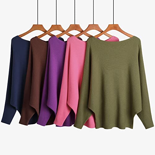 Image of Blostirno Women's Boat Neck Batwing Sleeves Dolman Ribbed Knitted Sweaters Pullovers Tops