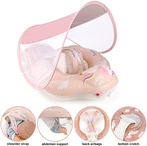 Busdeals Inflatable Baby Swimming Float, Baby Swimming Ring with Removable Sun Protection Canopy and Manual Pump, Baby Pool Float Inflatable Training Toy for 6-30 Months Infant Toddler(Pink)