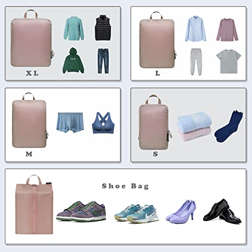 Bagail 6 Set Ultralight Compression Packing Cubes Packing Organizer With Shoe Bag For Travel Accessories Luggage Suitcase Backpack(70D,Brown） #TOP4