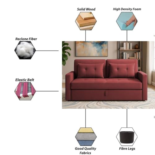 Image of Emilio 2 Seater Pull-Out Sofa Cum Bed | Premium Fabric Convertible Sleeper Sofa Set Space Saving for Living Room Office Home Guests Daily Use | 1 Year Warranty | Maroon Colour Fabric Sofa