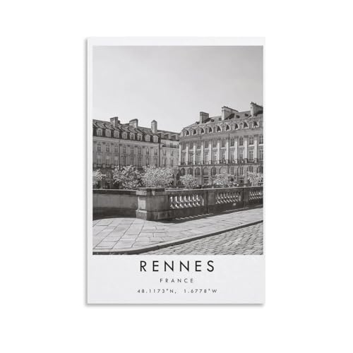 Rennes - Póster de viaje de Francia, impresión en blanco y negro, arte de pared único, coordina la decoración minimalista del hogar, impresiones de monumentos de la ciudad, lienzo para decoración de