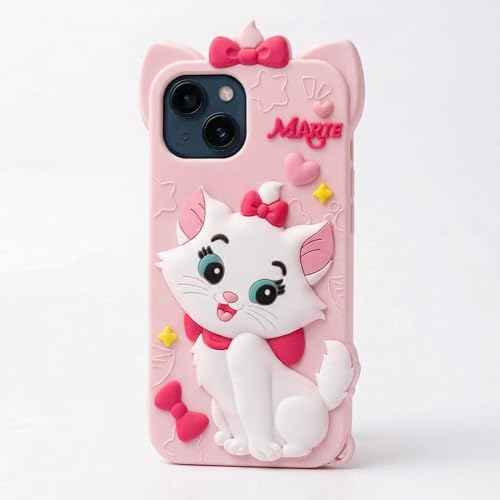 Image of amazon basics Luxury 3D Marie Cat Pink Silicone Case for iPhone 15 | Cute Cartoon Soft Back Cover | Shockproof Kawaii Designer Cover for Girls & Women