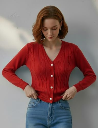 Image of Women's Casual Slim Fit Cardigan Sweaters Long Sleeve Button Down Lightweight Waist Length