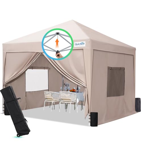 Quictent Privacy 8x8 Pop up Canopy Tent with Sidewalls and Roll-up Ventilated Windows, One Person Easy Setup, Outdoor Commercial Gazebo Shelter Enclosed Waterproof, Bonus 4 Sandbags Tan 8x8f