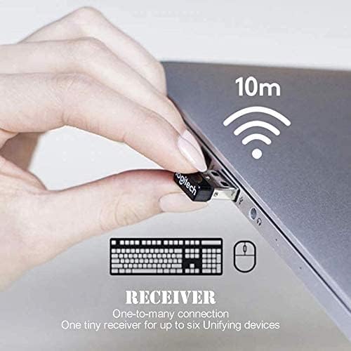 Hand inserting Logitech Unifying Receiver into laptop USB port