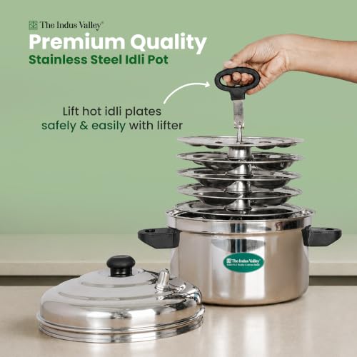 Image of The Indus Valley Stainless Steel Idli Maker | Includes 4 Idli Plates + 1 Mini Idli Plate | Makes 34 Idli | Perfect for Idli, Momos & Idiyappam | Induction and Gas Compatible