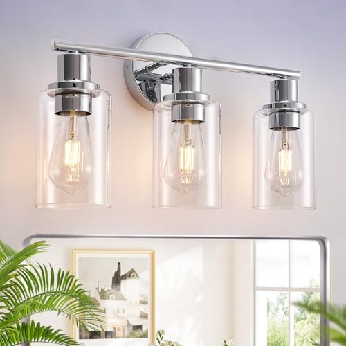 Image of DLLT 3-Light Bathroom Light Fixtures: Chrome Modern Vanity Lights with 3 E26 Bulbs - Clear Glass Shade Bathroom Wall Lamp for Mirror Kitchen Living Room Hallway Cabinet Porch