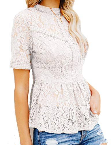 Tobrief Women's Lace Blouses Short Sleeve Sexy Sheer Hollow Top Ruffle Shirt Beige M