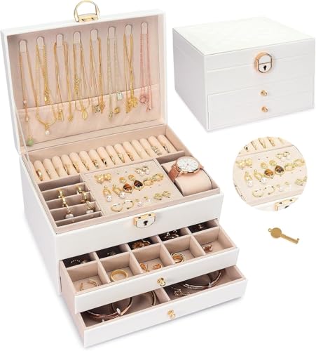 Image of Vlando 3 Layer Jewellery Organiser Box, Large PU Leather Jewelry Storage Case With Drawers, Earrings, Rings, Necklaces Holder | Luxury Jewellery Box For Women & Girls Gift (White)