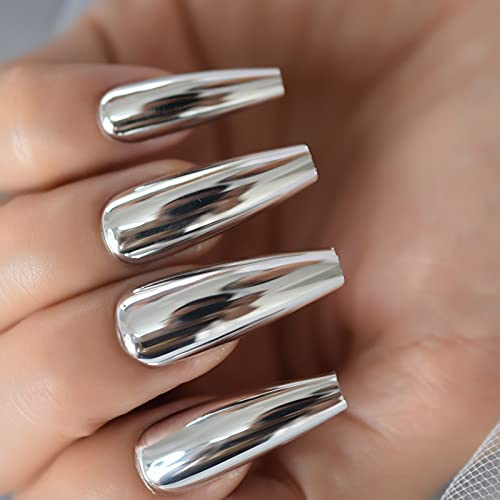 Imabc Silver Punk Metallic Press On False Nails Long Coffin Ballerina Chrome Mirror Fake Nails Full Cover Acrylic Nail Tips With Glue Tape For Women And Girls #TOP2