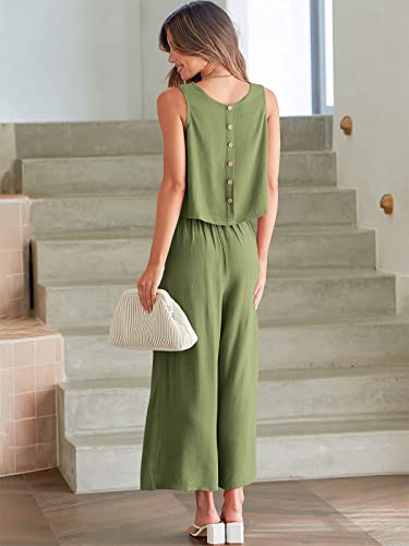 Image of ANRABESS Women's Summer 2 Piece Outfits Sleeveless Tank Crop Button Back Top Cropped Wide Leg Pants Set Pockets