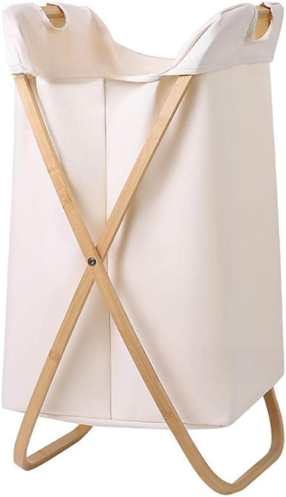 【Fabig】竹製 折りたたみ 洗濯かご 大容量 撥水加工 蓋付き 省スペース 衣類収納バスケット ポータブル 取っ手付き (白色,