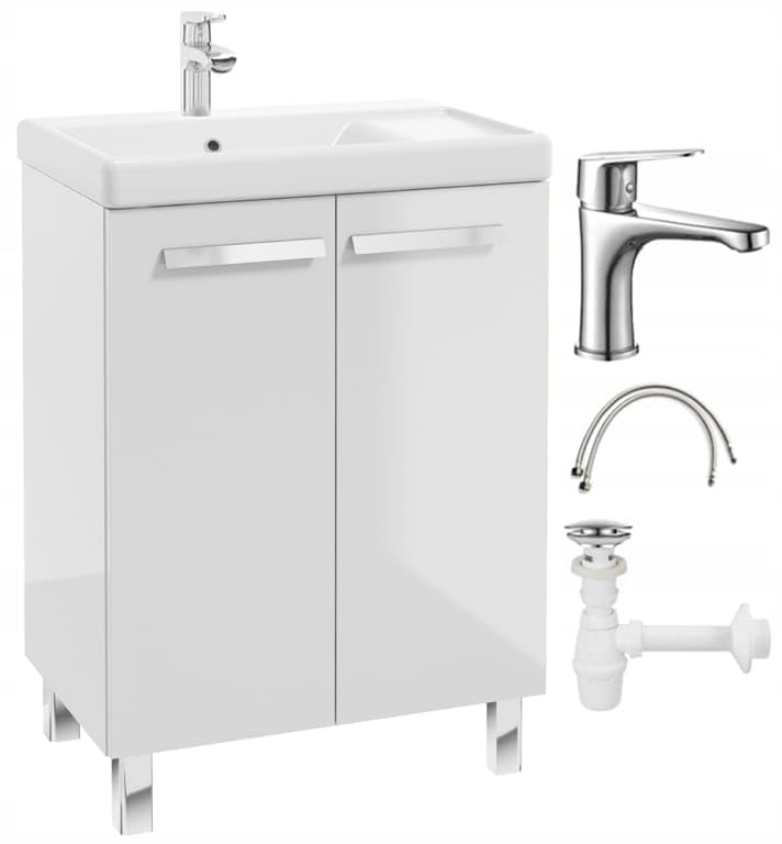 .Deftrans Szafka pod umywalkę z ceramiczną umywalką i chromowaną armaturą – 80 x 60 cm, biała, wysoki połysk, z ociekaczem, system Soft-Close, odpływ Click-Clack i syfon