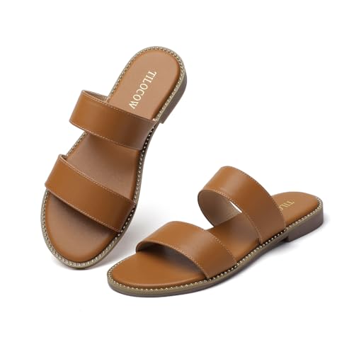 Image of Tilocow Women's Flat Sandals Two Strap Summer Dressy Studded Slide Sandals Open Toe Cute Casual Slip on Comfort Shoes for Beach Travel Daily Wear