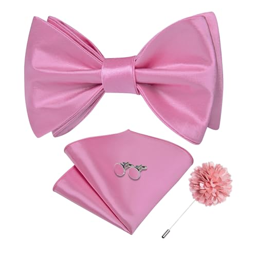 Image of DiBanGu Solid Color Bow Ties for Men Formal Satin Self Tied Bowtie with Lapel Pin Pocket Square Cufflinks for Wedding Party