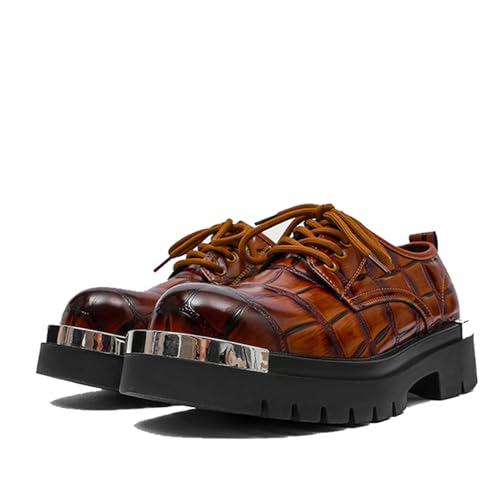 Men's Leather Lace-Up Chunky Platform Dress Oxfords Shoe Metal Accents Round Toe Wingtip Brogue Derby Shoes for Business Work Office