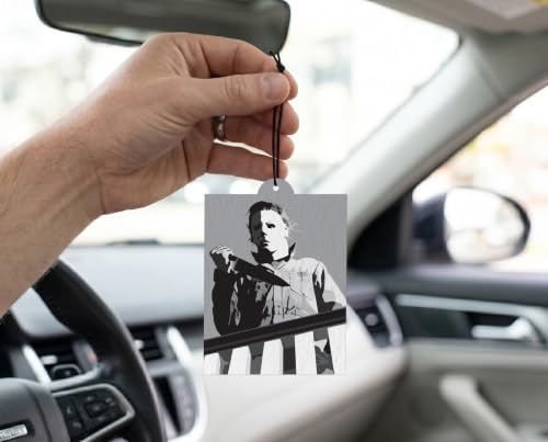 Image of Elektroplate Michael Myers Balcony Halloween Car Air Freshener 6-Pack | Officially Licensed, Long-Lasting Midnight Chiller Scent, Vivid Horror Movie Graphics, Versatile Hanging Design