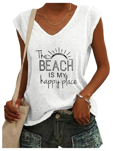 WDIRARA Women's Cap Sleeve Letter Print Graphic Tees V Neck Summer Vacation T Shirts White Small