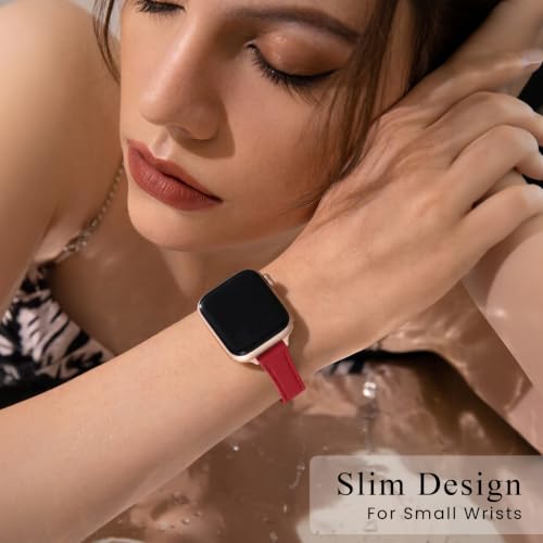 Image of STIROLL Slim Leather Bands Compatible with Apple Watch Band 38mm 40mm 41mm 42mm(Series 11 10), Top Grain Leather Watch Thin Wristband for iWatch SE 9 8 7 6 5 4 3 2 1(Red Rose Gold)