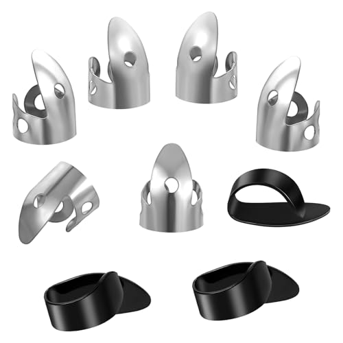 9 Pcs Banjo Picks Set, Stainless Steel Adjustable Banjo Finger Picks and Thumb Pick for Guitar(Silver, Black)