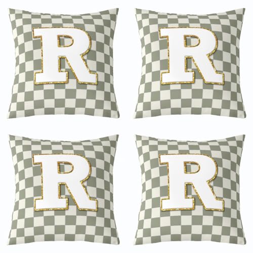 Image of Erosebridal Sage Green Checkered Throw Pillow Covers 20x20 Set of 2 Plaid Initial R Pillow Covers Personalized Monogram Cushion Cover Fashion Grids Gingham Pillow Cases for Couch Sofa