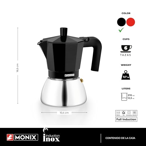Miniatura 2 de Monix Induction Inox Cafetera Italiana, 6 Tazas, Color Negro