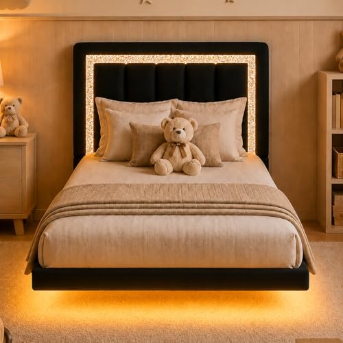 HOMBCK Floating Bed Frame Twin with Smart LED Lights, Faux Leather Upholstered Platform Bed with Diamond Headboard, No Box Spring Needed, Noise Free, Easy Assembly, Black