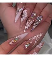 FORBELOVED NAILS,White-Nude Butterfly,3D Flower Design Press On Nails,Long Stiletto Stick On Nail...