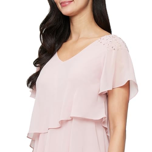 Image of S.L. Fashions Women's V-Neck Chiffon Cocktail Dress with Beaded Shoulders and Asymmetrical Tiers (Petite and Regular Sizes)