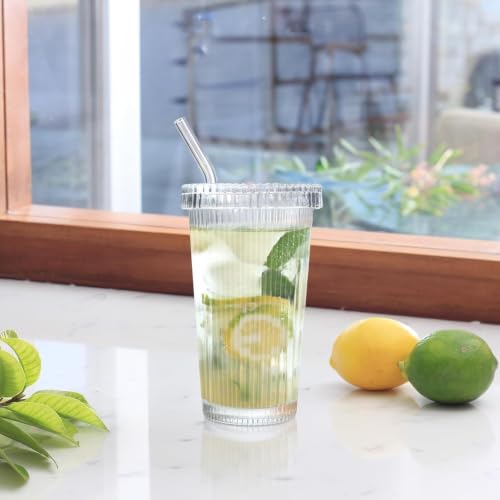 Image of Glass Tumbler with Lid and Straw - 380ml, Set of 1, Clear Ribbed Iced Coffee Cup,Vintage Drinking Jar Glasses,Fluted Glassware for Juice Smoothie Water Milk Soda