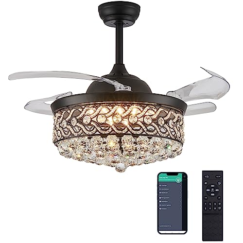 Reversible Crystal Ceiling Fan with Lights and Remote Retractable...
