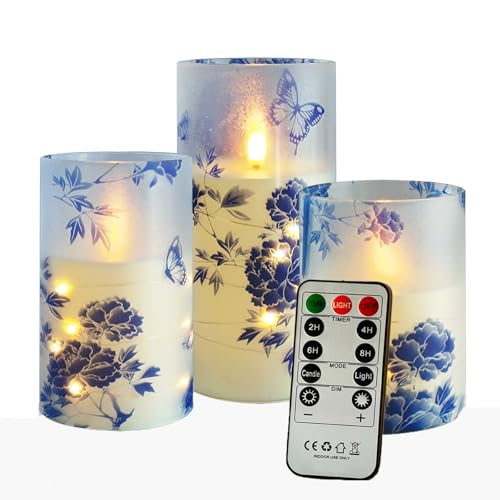 Image of Flickering Flameless Candles Blue Peony Print Embedded Star String Lights, Battery Operated Acrylic LED Pillar Candles with 11-Key Remote and Timer for Home Decoration, 3 Pack