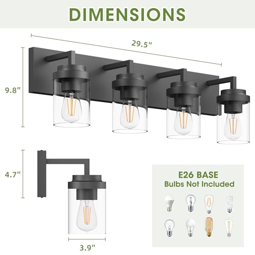 Image of Bathroom Vanity Light, 4 Light Matte Black Vanity Light with Clear Glass Shade, 30in Farmhouse Vanity Light, Bathroom Lighting Fixtures Over Mirror for Bathroom