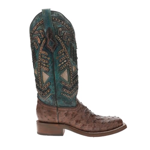 CORRAL LADIE'S BROWN/TURQUOISE OSTRICH OVERLAY & EMBROIDERY & STUDS & WOVEN SQ. TOE, LEATHER WITH RUBBER INSERT SOLE, WESTERN A4059