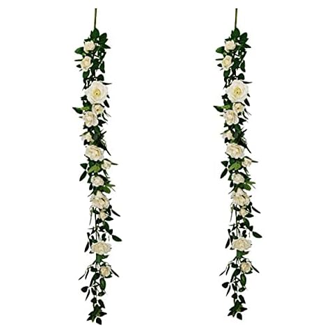 FLCSIed Artificial Rose Garland with 14 PCS Rose Lush Natural Looking Flower Garland Decor, Floral Garland Greenery for Wedding Table Decor with Abundant Vines, Rose Leaves (Cream White) Cover