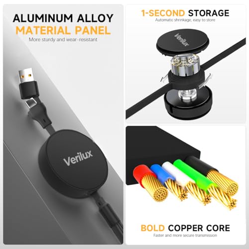Image of Verilux 3 in 1 USB to Type C Cable, PD 100W Multi USB A /C to USB C /Light-ning /Micro USB Cable, 3.6FT Retractable Car Charger Type C Cable for iPhone 16 /15 /14, Galaxy S24 /S23, Android, Laptop