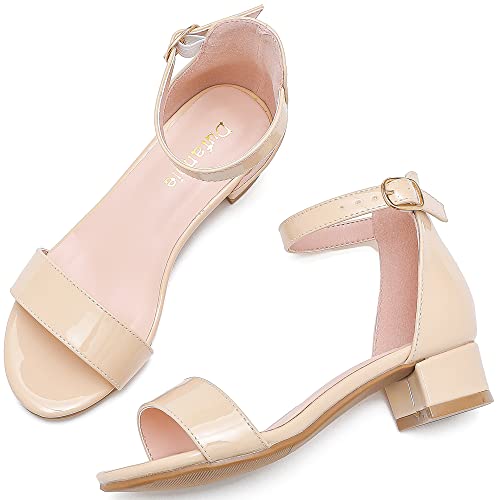 Image of Dufannie Girls Sandals Low Heels Dress Pump Ankle Strap Open Toe Flower Girl Wedding Party for Toddler Little Big Kid