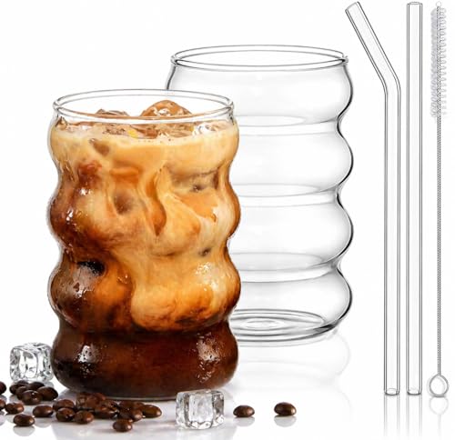 ALINK Kleine Gerippte Trinkgläser 350 ml Set aus 2 kompakte Bubble Trinkgläser 9 9 cm hoch mit Glasstrohhalmen und Reinigungsbürste Wave Gläser Wassergläser Cocktail Gläser für Milk Soda