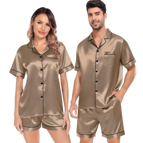 Image of SWOMOG Satin Matching Pajamas Sets Couple Silk Button Down Nightwear Women & Men Short Sleeve Sleepwear 2 Pieces Loungewear
