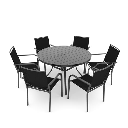 Image of Anmutig 7-Piece Outdoor Patio Dining Set, 6 Stackable Chairs & 48-inch Round Weather-Resistant Table with Umbrella Hole for Lawn, Deck, Backyard, Black