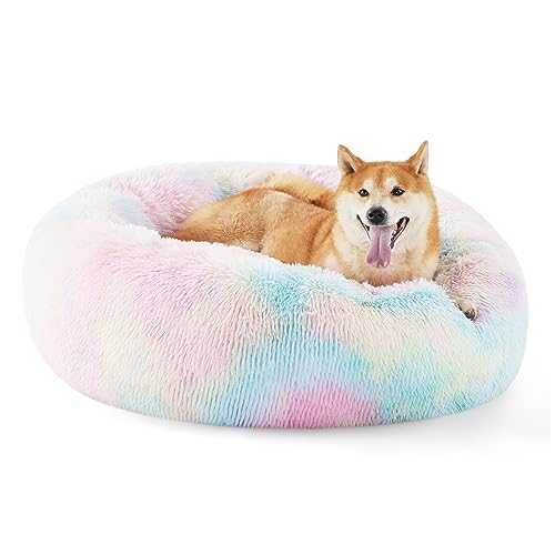 Image of Bedsure Calming Dog Bed for Medium Dogs - Donut Washable Medium Pet Bed, Anti-Slip Round Fluffy Plush Faux Fur Cat Bed, Fits up to 45 lbs Pets, Multi-Colored, 30 inches