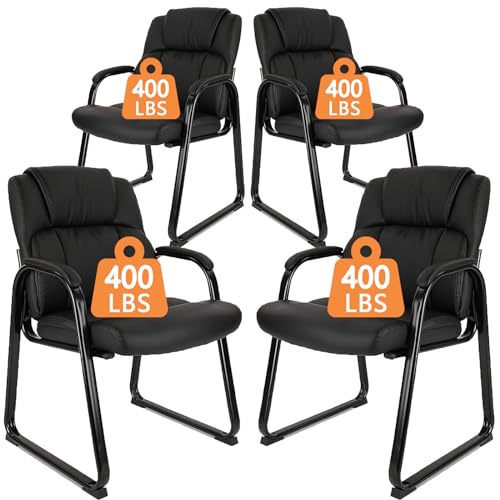 Image of CLATINA Heavy Duty Guest Chair with Padded Armrests and Sled Base, Executive Leather Soft Reception Chair 400lbs Capacity for Office Conference Waiting Meeting Room, Black (4 Pack)