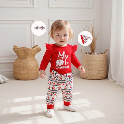 My First Christmas Baby Girl Outfit Newborn Long Sleeve Romper Santa Print Pants Hat Headband 4Pcs Cute Xmas Clothes3
