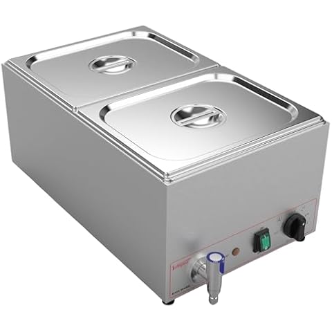 Valgus Commercial Grade Stainless Steel 2 Sections 19 Qt Bain Marie Buffet Food Warmer Steam Table with Temperature Control, Lid and Water Tap for Parties Buffets Cover