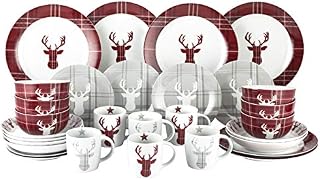 30 Piece Highland Stag Christmas Dinnerware Set  Red, Grey & White Dinner & Side Plate, Deep Bowl, Pasta Bowl & Mug Set  Dishwasher & Microwave Safe Porcelain Festive Tartan Dining Set for 6 People