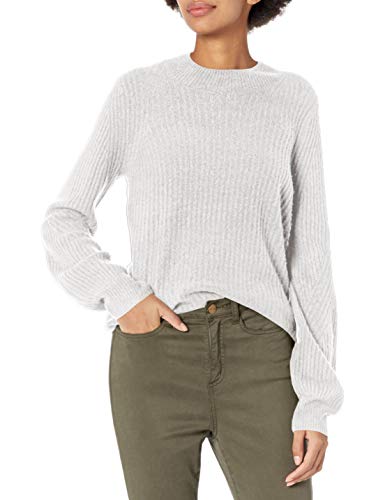 Amazon Brand - Daily Ritual Women's Mid-Gauge Stretch Balloon Sleeve Crewneck Pullover Sweater, Light Heather Grey , Large