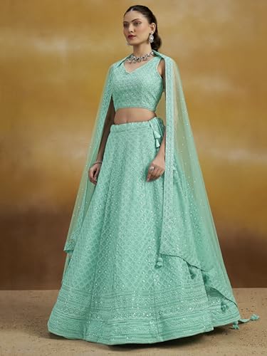 Image of Zeel Clothing Women's Sequins Thread Embroidered Georgette Lehenga Choli With Dupatta (5124-Women-Lehenga-Choli-New; Free size)