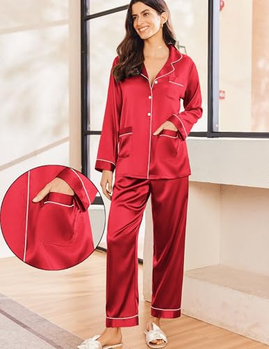 Image of Ekouaer Pajamas for Women Silk Satin Button Down Long Sleeve Pajama Sets